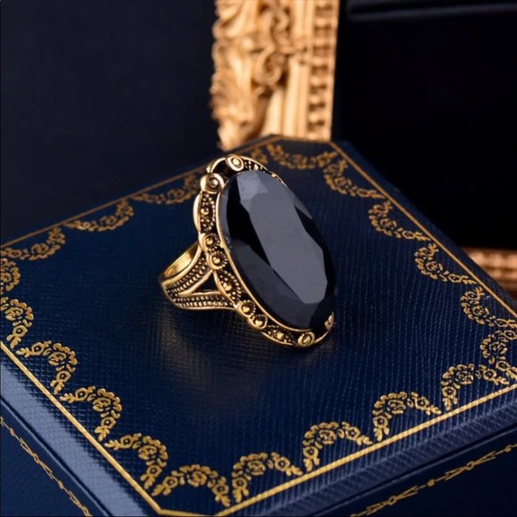 Jewelry - New 18k gold plated big black Sapphire ring womens